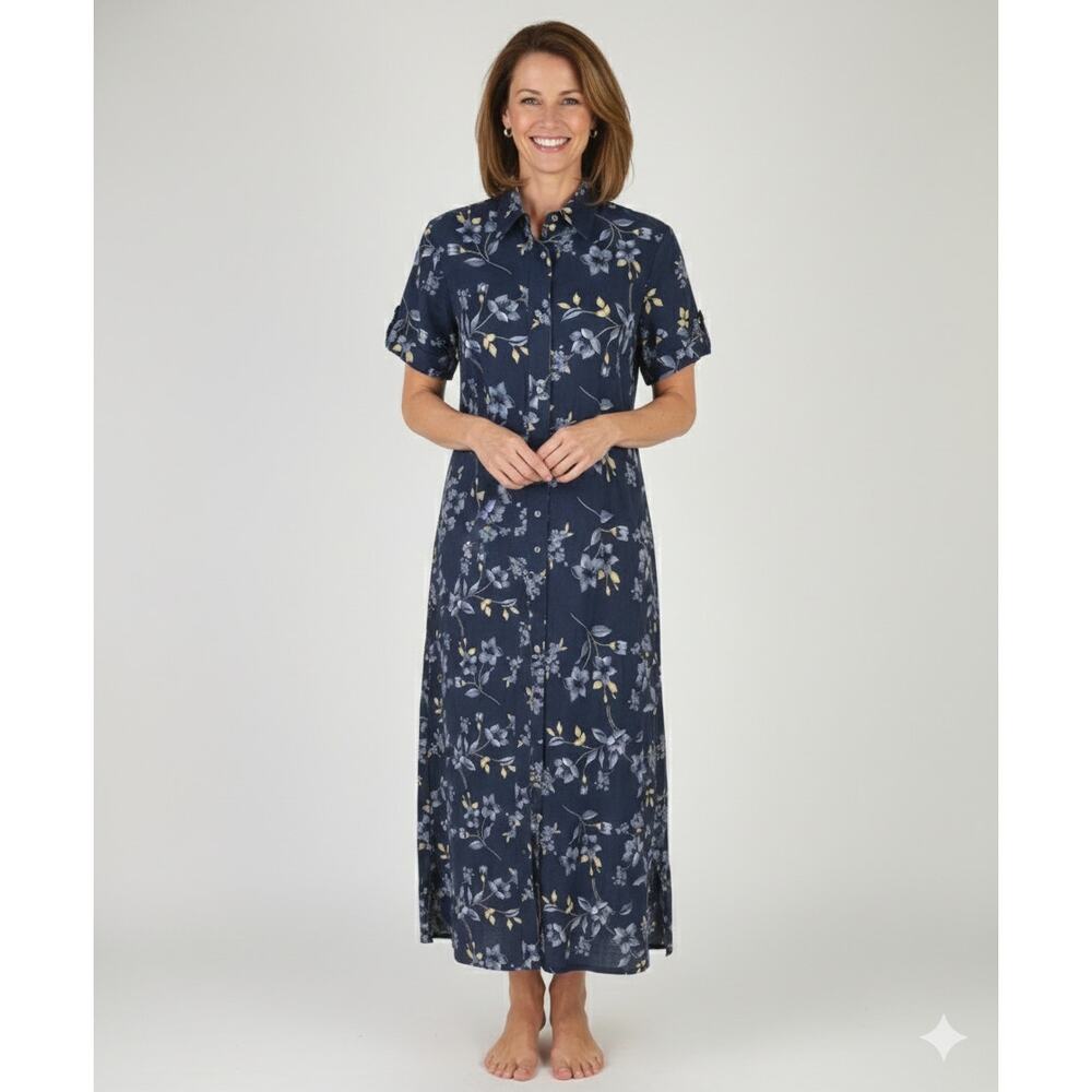 Notations Vintage Maxi Dress Womens Size Small Linen Blend Floral Blue Button Up
